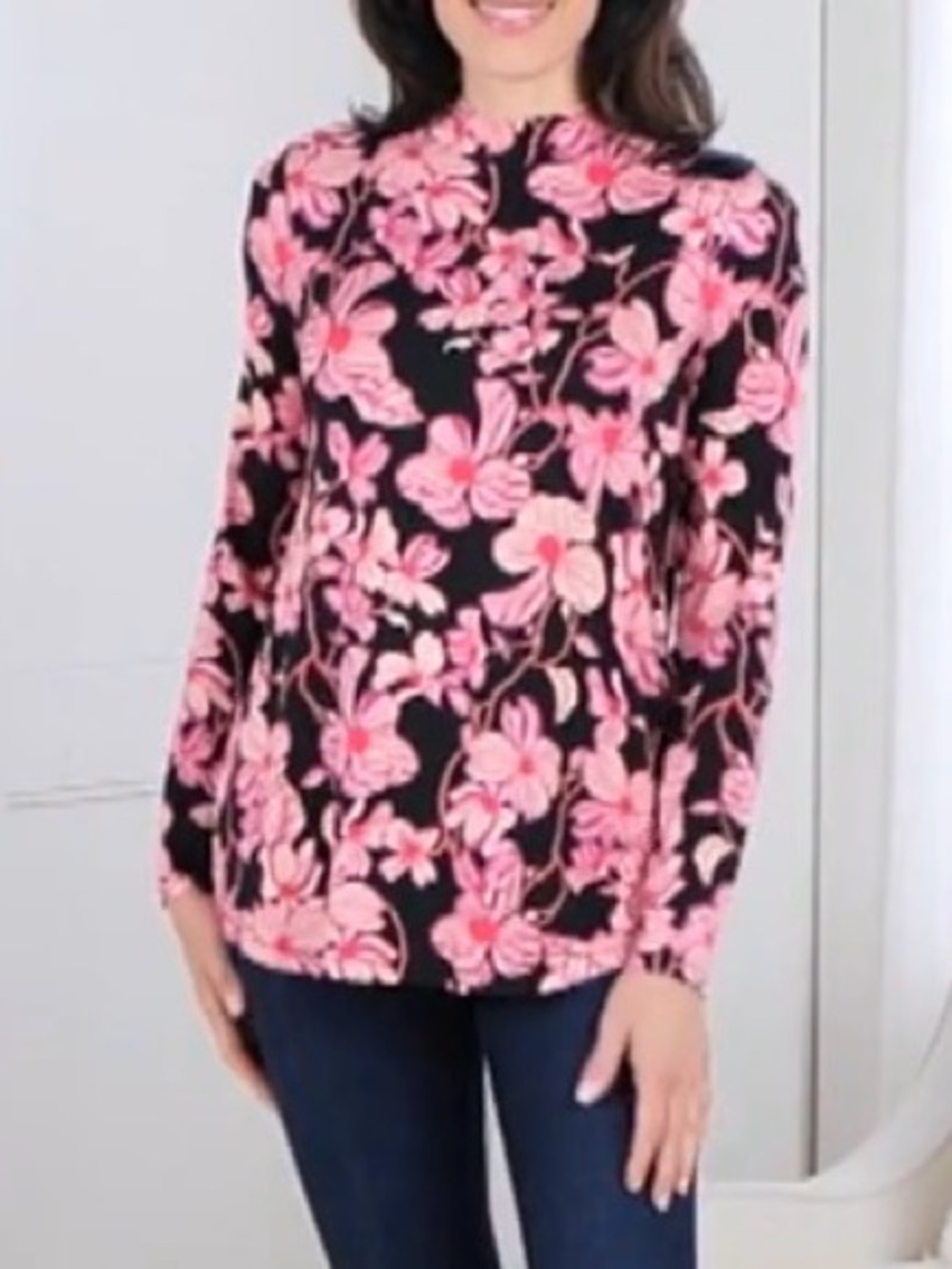 Women’s Logo Layers Pink Floral Long-Sleeve Tunic Top in Black large